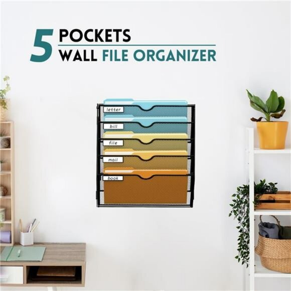 Wall mounted file organizer 5 tier mesh hanging mail holder office rack - Picture 3 of 8